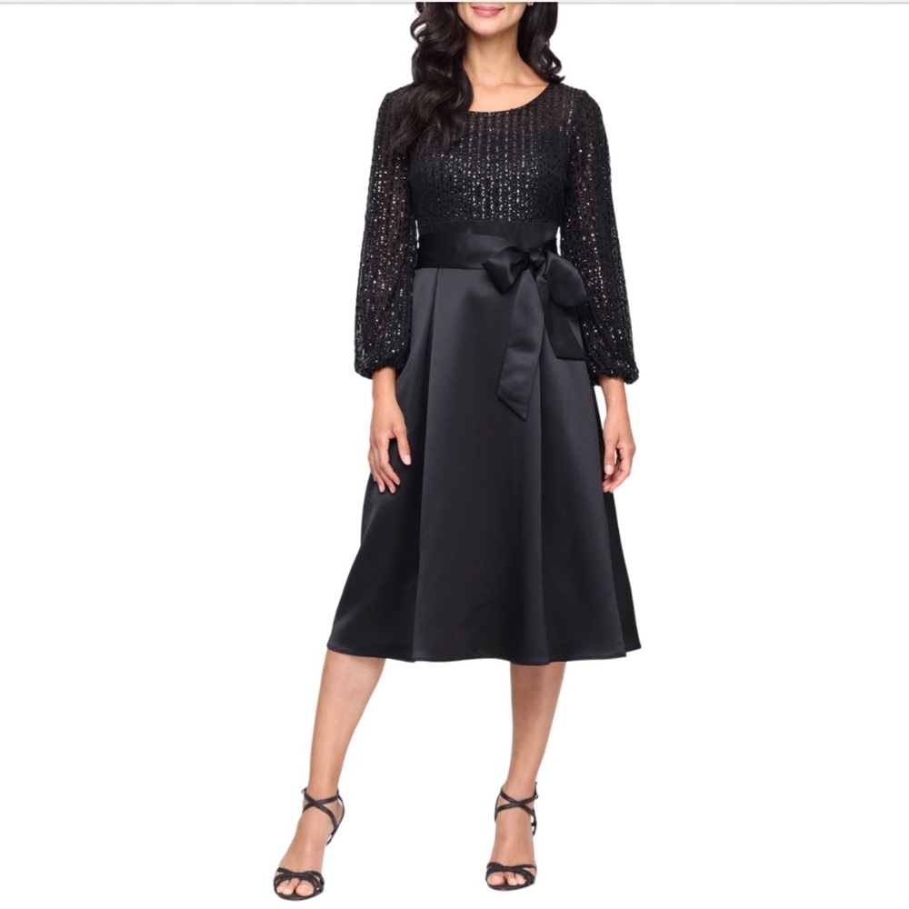 Alex Evenings Sequin Cocktail Midi Dress Black A Line Long Sleeve Size 8